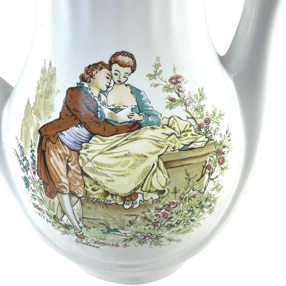 Vintage FP Zajecar Coffee Tea Pot Watteau Courting Couple Yugoslavia Gold Gild